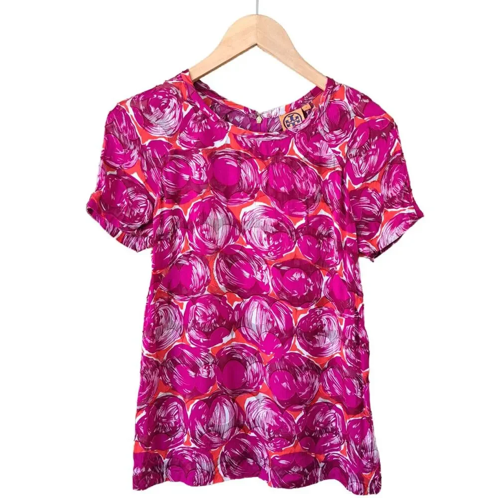 Tory Burch Silk Blend Burnout Short Sleeve Blouse Pink Red Abstract Dot Size 4